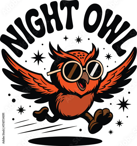  Retro Cartoon Night Owl Mascot Running Vector Illustration