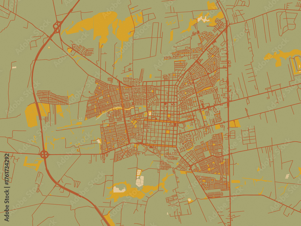 Naklejka premium Modern flat map poster of Los Angeles, Chile in sage/olive tone field with rust networks and ochre shapes, cream water.