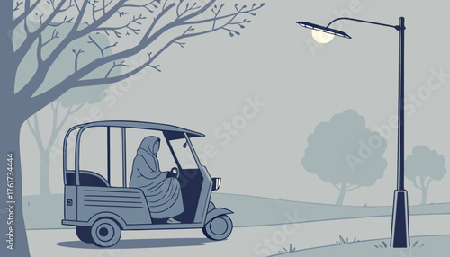 .Old rickshaw parked under street light with driver sitting inside wrapped in shawl, fog all around, empty road, peaceful winter night scene.