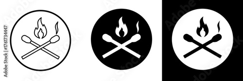 Flat vector icon showing two crossed matchsticks with a small flame, representing fire or ignition. Available in line, solid, and inverted styles. Perfect for safety, fire-starting, guys fawkes, etc.