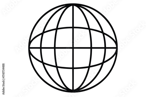 Black and white globe grid drawing against a plain white background