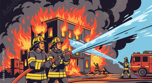 vector of brave firefighters spraying water to extinguish burning building flames, teamwork and heroism during emergency rescue