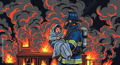 Flat vector of heroic firefighter carrying rescued child from burning house, symbol of bravery, compassion, and safety