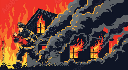 Flat vector of heroic firefighter carrying rescued child from burning house, symbol of bravery, compassion, and safety
