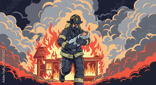 Flat vector of heroic firefighter carrying rescued child from burning house, symbol of bravery, compassion, and safety