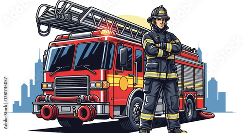 Flat vector of proud firefighter in full gear standing next to fire truck, symbol of heroism, courage, and public service