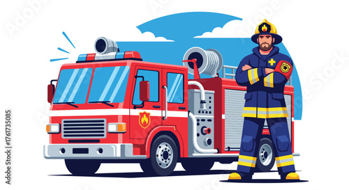 Flat vector of proud firefighter in full gear standing next to fire truck, symbol of heroism, courage, and public service