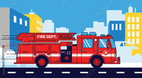 Flat vector of red fire truck speeding through city with sirens on, quick emergency response concept in vivid flat design