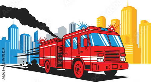 Flat vector of red fire truck speeding through city with sirens on, quick emergency response concept in vivid flat design
