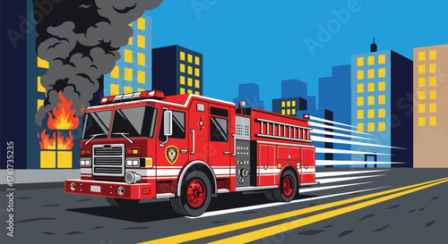 Flat vector of red fire truck speeding through city with sirens on, quick emergency response concept in vivid flat design