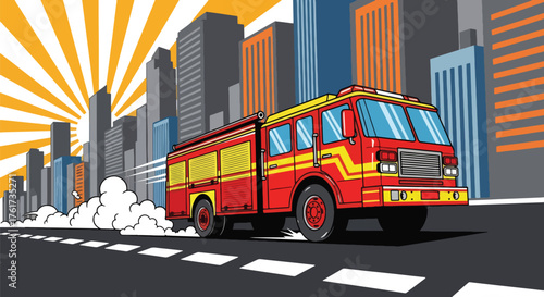 Flat vector of red fire truck speeding through city with sirens on, quick emergency response concept in vivid flat design