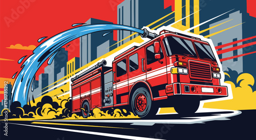 Flat vector of red fire truck speeding through city with sirens on, quick emergency response concept in vivid flat design
