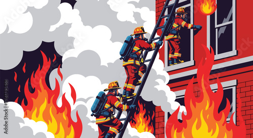 Flat vector of firefighter climbing ladder toward smoky building window during rescue, bravery and dedication concept
