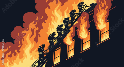 Flat vector of firefighter climbing ladder toward smoky building window during rescue, bravery and dedication concept