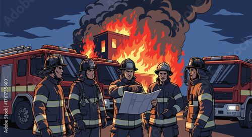 Flat vector of firefighter team briefing together before mission beside fire trucks, teamwork and readiness concept