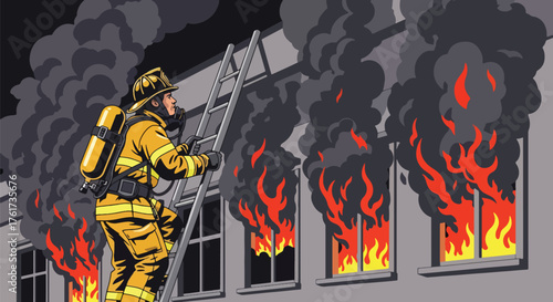 Flat vector of firefighter climbing ladder toward smoky building window during rescue, bravery and dedication concept