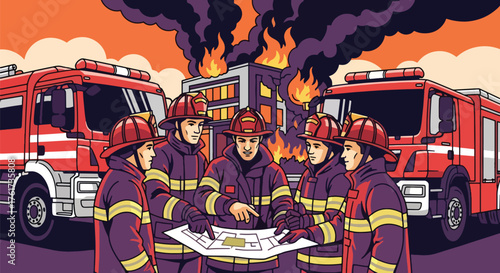 Flat vector of firefighter team briefing together before mission beside fire trucks, teamwork and readiness concept