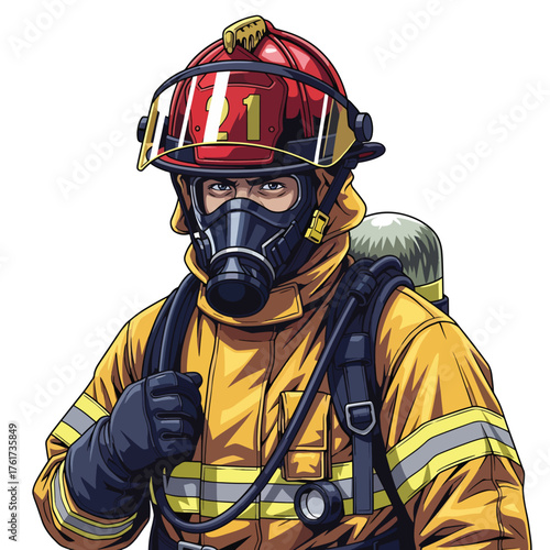 Flat style illustration of firefighter wearing full protective gear with helmet, oxygen tank, and gloves, hero portrait style, solid vivid colors