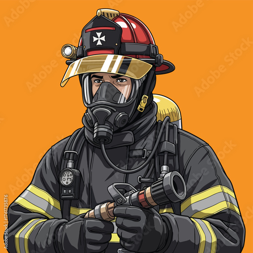 Flat style illustration of firefighter wearing full protective gear with helmet, oxygen tank, and gloves, hero portrait style, solid vivid colors