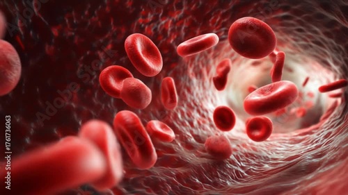 Red blood cells moving through blood vessel in human body  