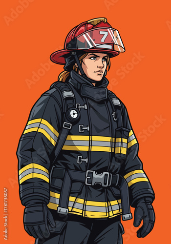 Flat style illustration of female firefighter wearing full protective gear with helmet, oxygen tank, and gloves, hero portrait style, solid vivid colors