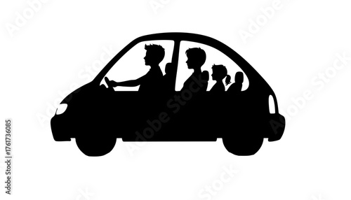 Family silhouette traveling in a car on a white background  