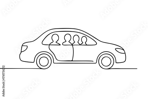 Continuous line drawing of people inside a car in minimal style  