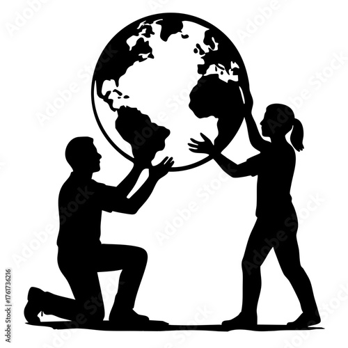 Silhouette of man and girl holding globe together in teamwork pose  