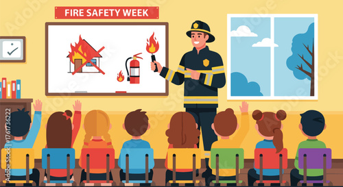 Flat vector of firefighter teaching children about fire safety at school, educational prevention and community awareness scene