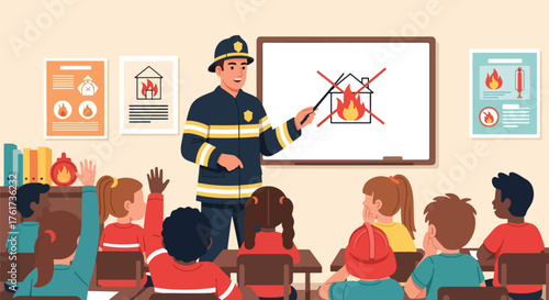 Flat vector of firefighter teaching children about fire safety at school, educational prevention and community awareness scene