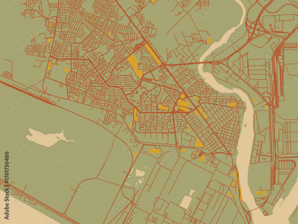 Obraz premium Abstract flat-design map of Ciudad Lazaro Cardenas, Mexico, featuring sage/olive tone field with rust networks and ochre shapes, cream water.