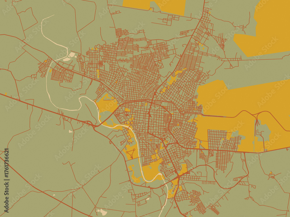 Naklejka premium Vector-style flat map of Ciudad Valles, Mexico with muted sage base, rust-colored roads, and soft ochre highlights.