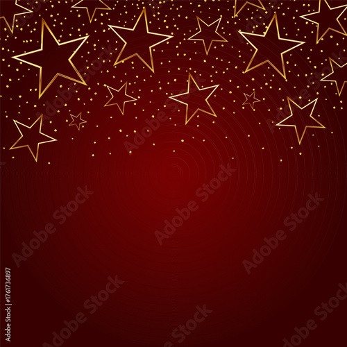 Red and gold Christmas background with stars and confetti design 