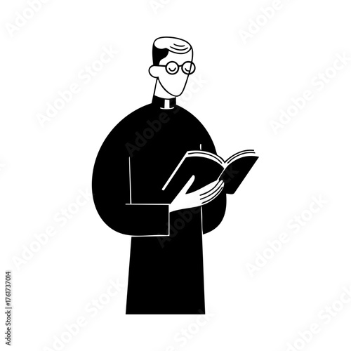 Priest reading from an open Bible, symbolizing devotion, guidance, and the spiritual power of scripture.