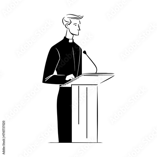 Young priest standing at a podium delivering a sermon, representing faith, leadership, and communication within a religious community.