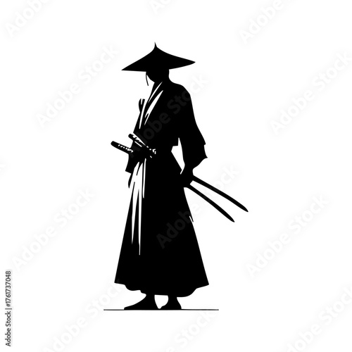 Lone samurai in traditional robes and straw hat holding two swords, representing solitude, mastery, and the spirit of ancient Japan.