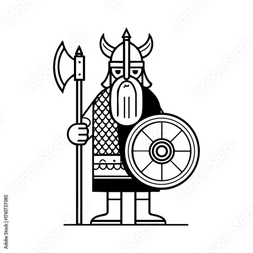 Bearded Viking warrior standing confidently with an axe and round shield, representing Norse strength, history, and Scandinavian heritage.