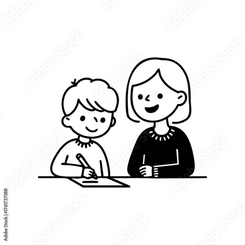 A teacher guiding a child as they write on paper, representing learning, mentoring, and education.