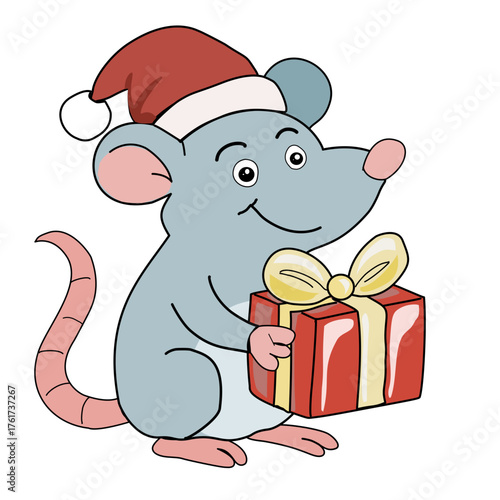 Adorable cartoon rat in a Santa hat holding a red gift box with a golden ribbon, cheerful festive illustration perfect for Christmas and New Year designs.