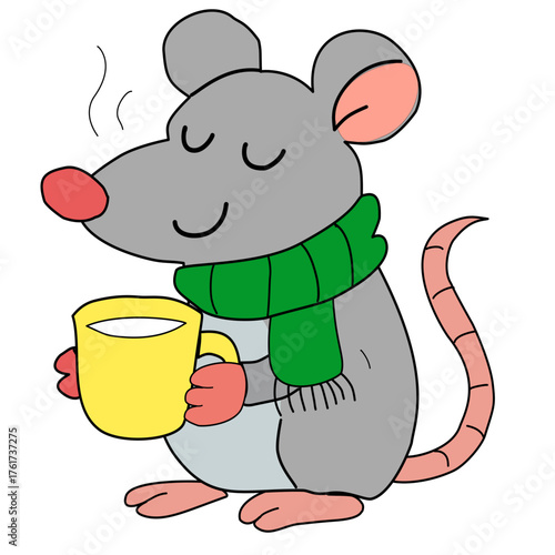 Cute cartoon rat with a red nose and pink paws enjoying a warm drink from a yellow cup, wearing a green scarf — cozy winter and holiday illustration.