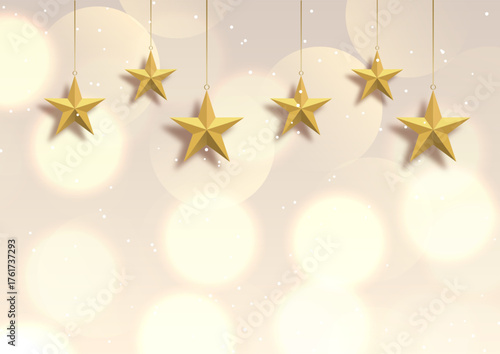 Christmas background with bokeh lights and hanging gold stars design