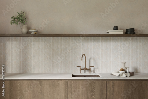 Modern japandi style kitchen close up design with sink , shelf and decor , background tiles , 3d rendering © ANA