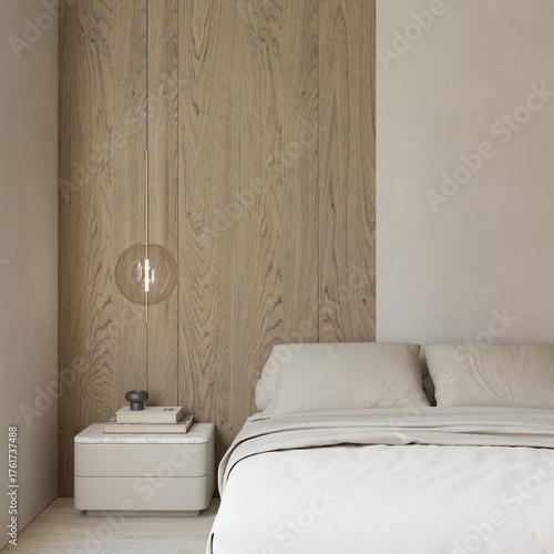 Photos Modern minimalist bedroom design with bed , nightstand and decor , empty wall sp