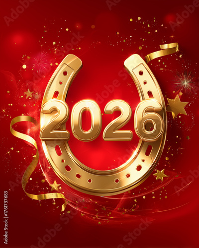 Golden numbers 2026 and a horseshoe on a red background.