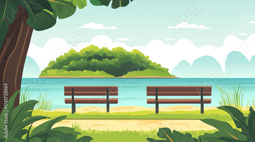Illustration of two benches with a view of the sea and a small island.