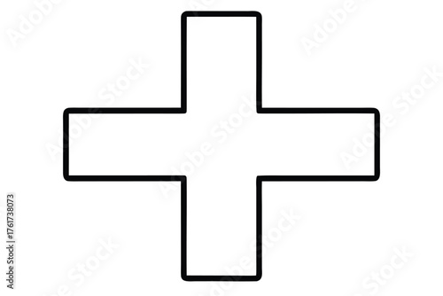 Geometric white plus sign with black outline on a white background
