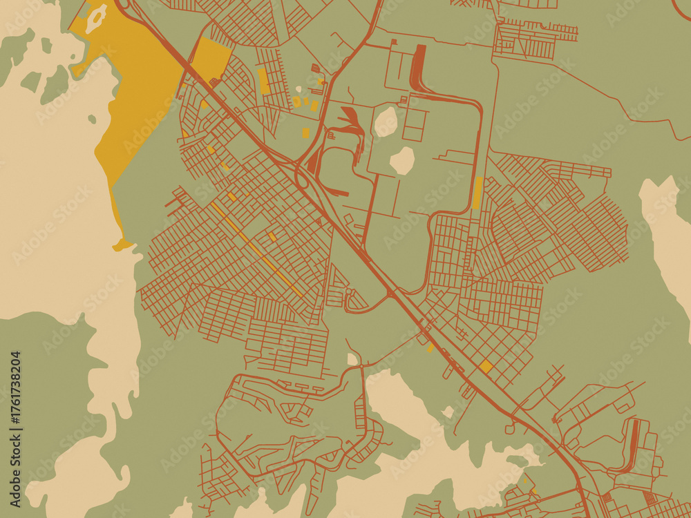 Obraz premium Contemporary flat map of Miramar, Mexico design with olive backdrop with warm rust street network and ochre blocks.
