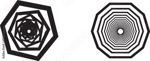 Abstract geometric optical illusion design featuring layered hexagon and octagon tunnel patterns in black and white, symbolizing depth, motion, creativity, symmetry, minimalism, and modern visual art
