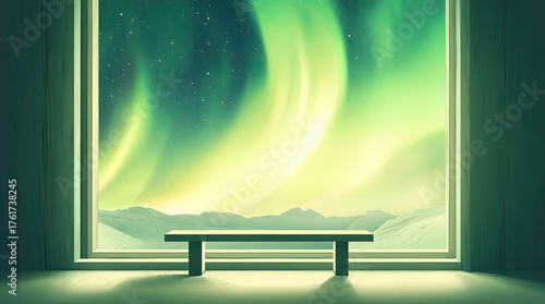 An illustration of a bench indoors with a view of the aurora through the window