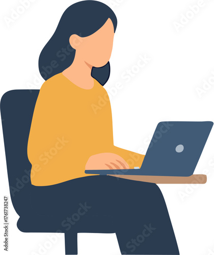 Woman Seated, Using a Laptop Vector Illustration of a Person Working on a Computer, Digital Design